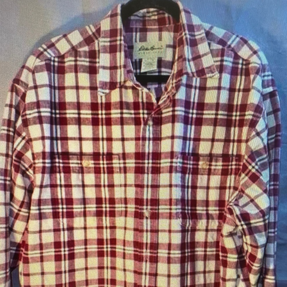 Eddie Bauer White and Red Plaid Long-Sleeve Button-Down Shirt